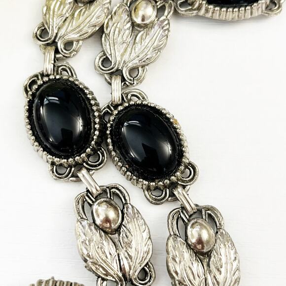 Vintage Brutalist Double Strand Silver & Black Cabochon Bracelet - Picture 2 of 7